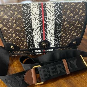 Burberry E-canvas Monogram Stripe Note Crossbody Bag Bridle Brown